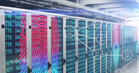 Futuristic Data Center with Biometrics and Cybersecurity Interface