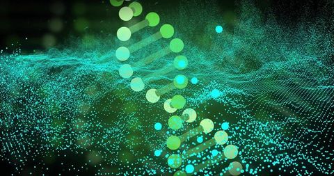Glowing DNA Double Helix Floating in Neon Particle Field for Futuristic Biotechnology