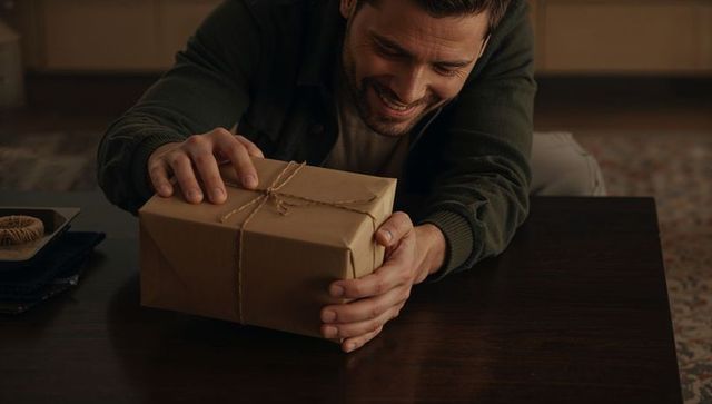 Smiling man tying twine around kraft parcel on coffee table, cozy home gift wrapping