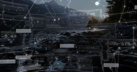 Projecting futuristic hud data over rocky coastal shoreline at dusk with mountains
