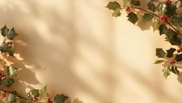 Minimal Holiday Holly Border on Warm Beige Paper with Glossy Red Berries and Shadows