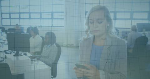 Business Professional Using Smartphone with Diverse Team in Background