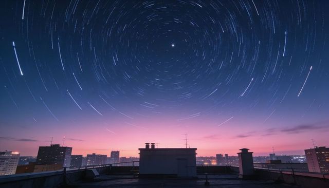 Star trails spinning above urban rooftops at twilight with silhouetted antennas
