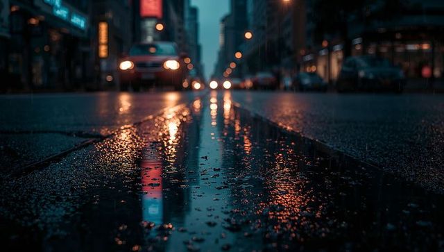 Rainy city street at night reflecting neon signs and car headlights in puddle bokeh