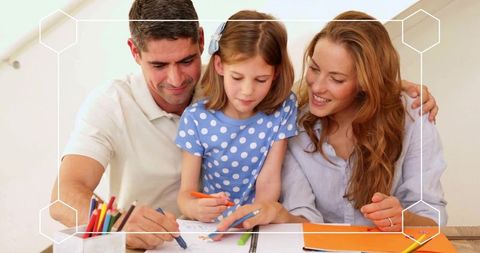 Parents guiding daughter coloring and learning together at home family creative bonding