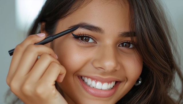 Closeup smiling teen applying eyebrow pencil with winged eyeliner and pearl stud earring