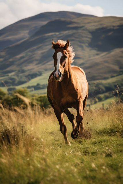 Brown horse running freely in a grassy meadow, with mountains in the background. Perfect for use in nature-themed articles, wildlife projects, outdoor adventure content, and promoting a sense of freedom and power.