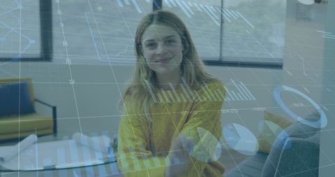 Smiling Businesswoman with Digital Analytics Background