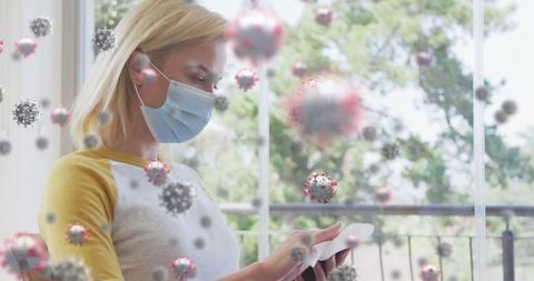 Woman in Face Mask Using Smartphone, Digital Virus Overlay