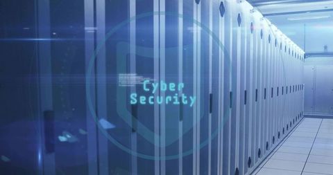 Futuristic Data Center Corridor with Cybersecurity Overlay