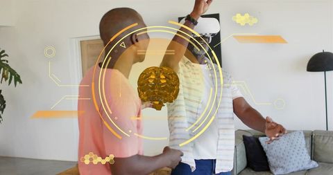Senior exploring vr therapy while companion guiding with controller and holographic brain