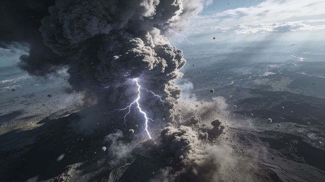 Erupting volcanic plume sending lightning and tephra bombs over aerial landscape