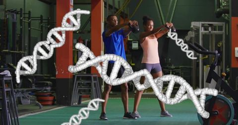Partners performing kettlebell swings on turf with DNA helix overlay for fitness genes