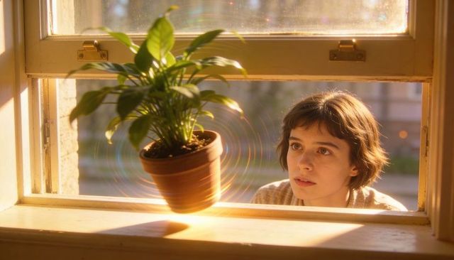 Peering young woman observing levitating terracotta plant on sunlit wooden sill with lens flare