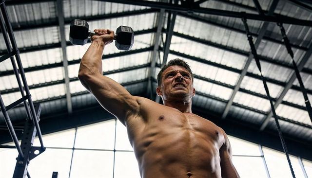 Shirtless athlete pressing dumbbell overhead in industrial gym with dramatic backlight
