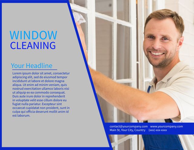 Smiling Man Cleaning Window Promotes Professional Cleaning Services - Download Free Stock Templates Pikwizard.com