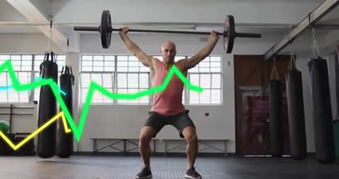 Bald athlete lifting barbell into overhead squat with neon performance graph overlay