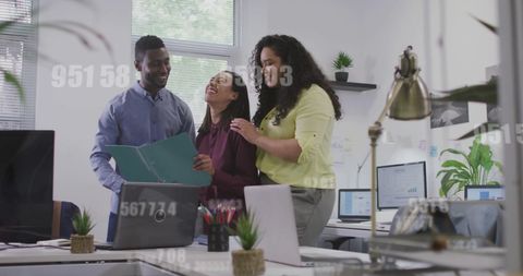 Diversified Team Collaborating in Modern Office with Digital Overlay