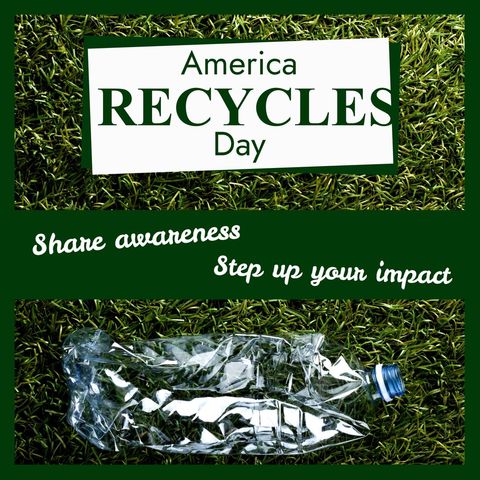 america recycles day awareness with crushed plastic bottle on grass - Download Free Stock Templates Pikwizard.com