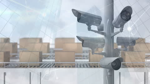 High-Tech Security Cameras Overlooking Conveyor Belt with Boxes