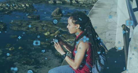 Woman Photographing Coastline with Digital Interface Elements - Download Free Stock Images Pikwizard.com