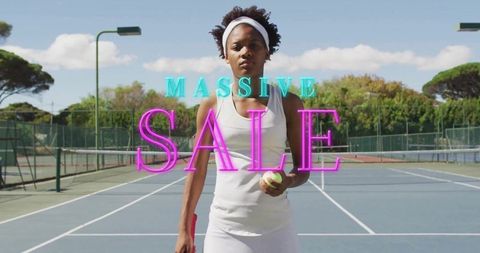 Tennis player standing on court holding racket and ball with neon MASSIVE SALE overlay