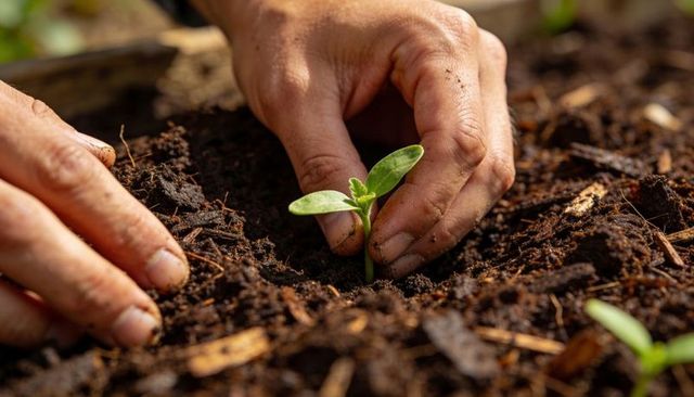 Hands planting seedling in rich soil with wood chip mulch for garden growth and nurture