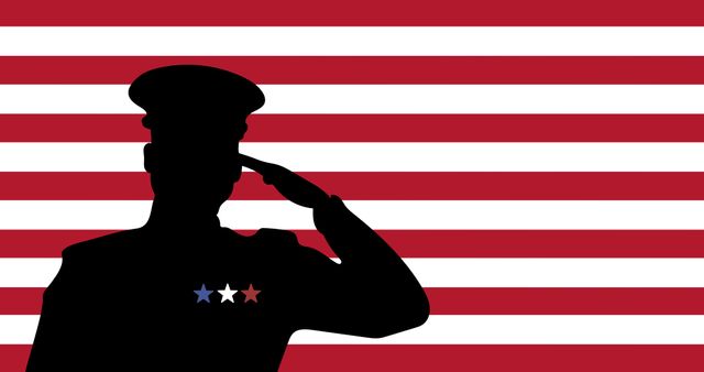 This image features a silhouette of a soldier saluting against the backdrop of the American flag. Perfect for conveying themes of patriotism, national pride, and respect for the military. Useful for Veterans Day promotions, Memorial Day advertisements, and other national observances celebrating military service.