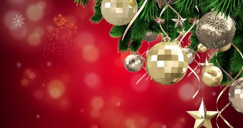 Festive Christmas Tree Baubles Background with Falling Snow - Download Free Stock Images Pikwizard.com