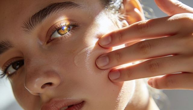 Closeup woman applying dewy face cream revealing luminous skin texture and natural glow