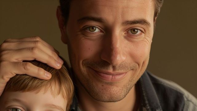 Father smiling while resting hand on child's head closeup warm family portrait tender