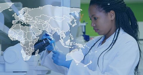 Scientist in Laboratory Conducting Research with Global Map Overlay