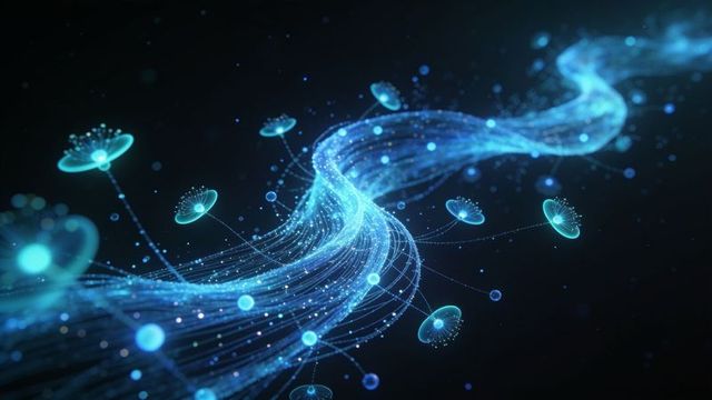 Bioluminescent data stream flowing with glowing filaments and floating disc nodes