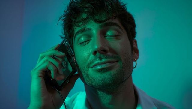 Young man holding walkman listening with eyes closed retro neon cassette analog portrait