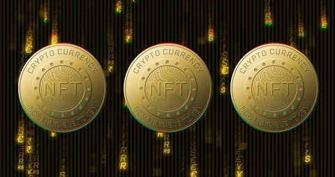 Golden NFT Coins with Currency Symbols on Black Background