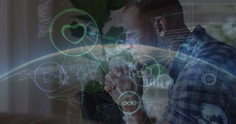 Contemplative man with futuristic global digital interface overlay
