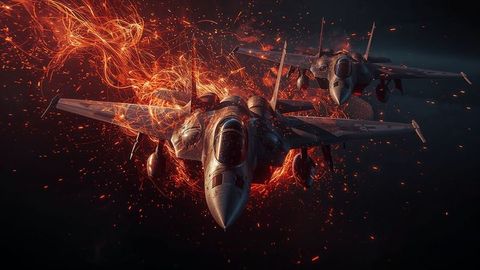 Futuristic fighter jets speeding through airstrikes sky