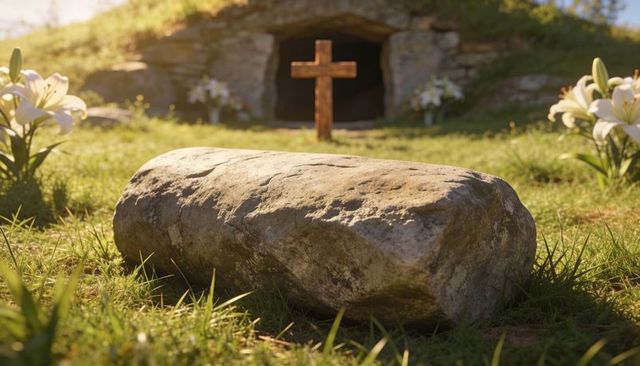 Rolled stone covering tomb entrance with wooden cross and white lilies at sunrise