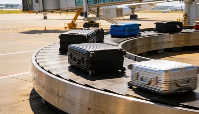 Rolling hard-shell luggage on curved airport baggage carousel near jet bridge on tarmac