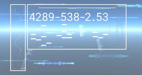 Futuristic translucent HUD displaying numeric readout with waveform and minimalist code UI