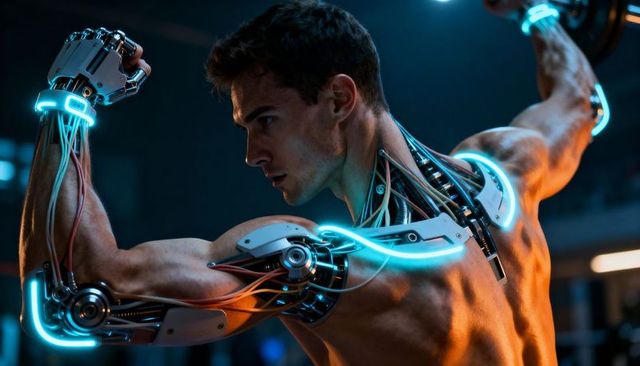 Male cyborg flexing muscular bionic arms with neon circuitry in futuristic lab