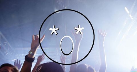 Cheering concert crowd raising hands under stage lights with surprised face graphic