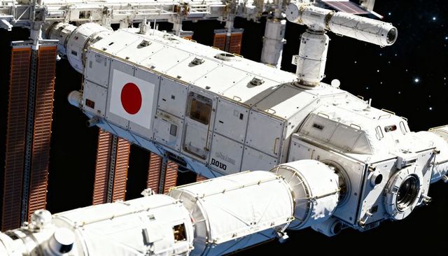 Kibo Module Docked to ISS Orbiting Earth with Japanese Flag and Visible Solar Arrays