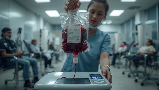 Nurse operating apheresis machine while holding blood bag monitoring donor care in clinic