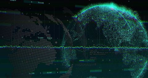 Rotating Particle Globe Visualizing Global Data Network with Neon Waveform Interface