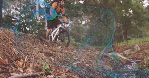 Mountain biker adventuring through forest trail