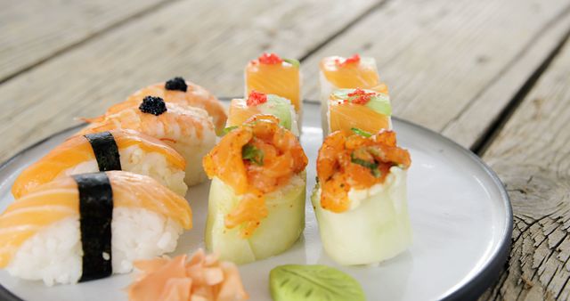 A close-up view of a plate featuring a variety of fresh sushi placed on a white ceramic dish against a wooden table background. The assortment includes nigiri with salmon and shrimp, sushi rolls with spicy toppings, and garnishes such as pickled ginger and wasabi. Perfect for articles and advertisements on Japanese cuisine, healthy eating, gourmet food, and outdoor dining experiences.