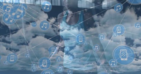 Fit Woman Jumping with Cloud Network Icons Overlay for Active Lifestyle