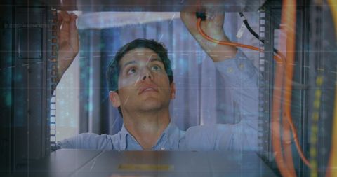 Technician Inspecting Server Wires with Digital Overlay - Download Free Stock Images Pikwizard.com