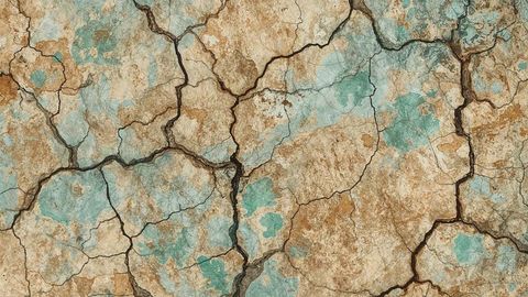 Cracking parched earth with mottled tan turquoise
